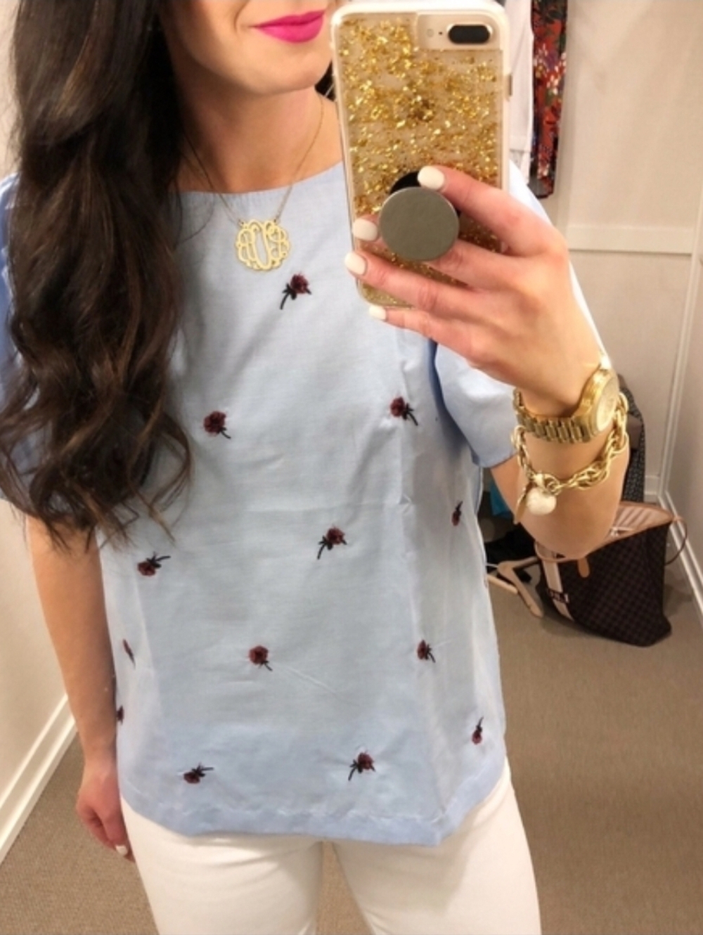 LOFT Embroderied Rose Blue Floral Women's Top Size Large